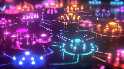 Obraz premium A dynamic 3D digital web with colorful network hubs, illuminated links forming a futuristic representation of cloud computing.