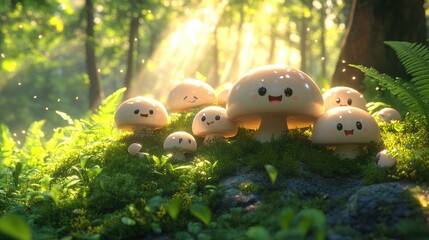 Whimsical forest scene featuring cheerful cartoon mushrooms surrounded by lush greenery and sunlight
