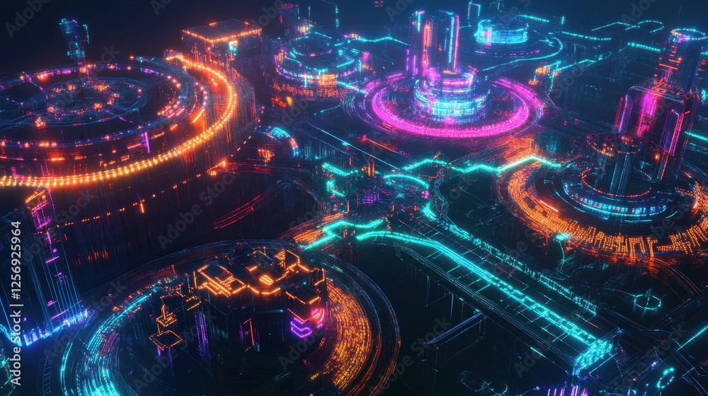 Poster a dynamic 3d digital web with colorful network hubs, illuminated links forming a futuristic represen