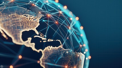 Globally influential business connections. A digital representation of Earth highlighting interconnected networks, showcasing global connections with nodes and lines across the continents.