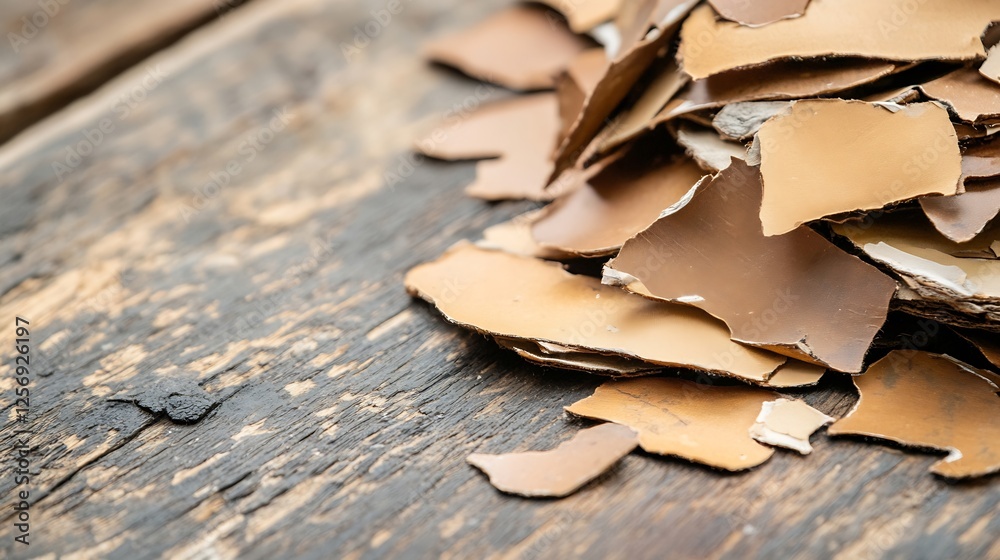 Poster Close up view of textured leather scraps arranged on rustic wooden surface : Generative AI