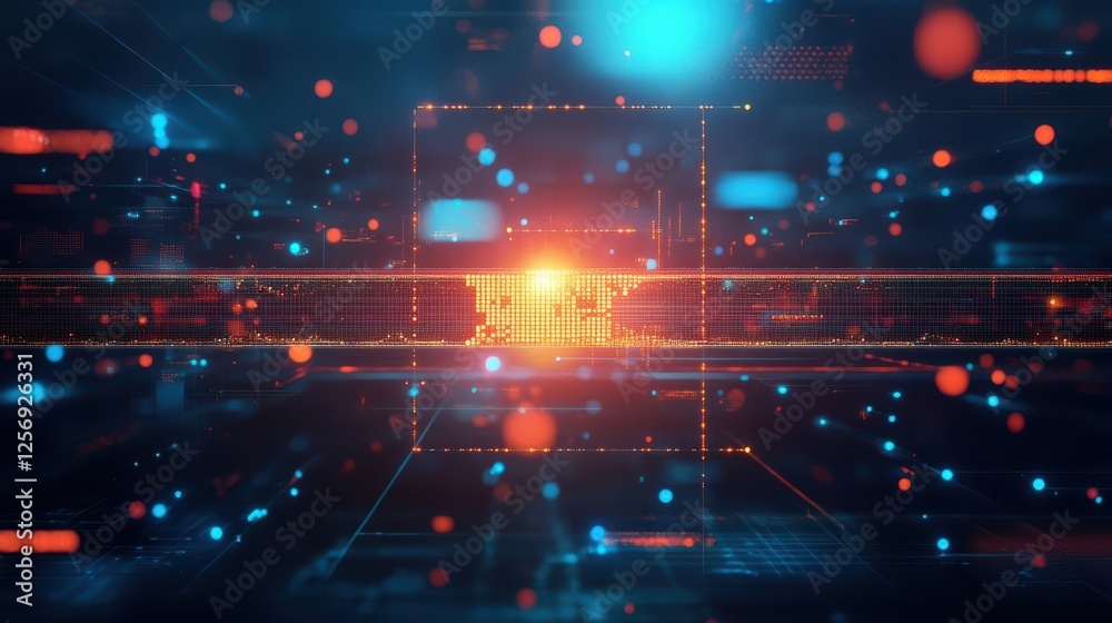 Poster futuristic cityscape illuminated by bright orange light during twilight hours with modern architectu