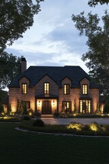 A charming and elegant brick house, beautifully illuminated at dusk, surrounded by lush landscaping within a peaceful suburban neighborhood