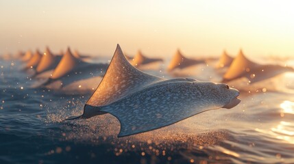 Graceful stingrays gliding through sunlit ocean waters, creating ripples and splashes
