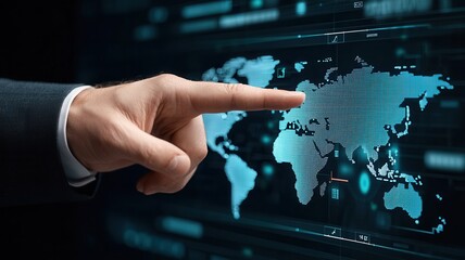 Globally influential business connections. A hand points at a digital world map displayed on a screen, highlighting global connectivity and technological interaction.