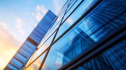 Abstract view of a skyscraper with reflective glass panels mirroring the colorful evening sky : Generative AI
