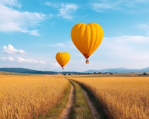 Obraz premium Colorful Hot Air Balloons Floating Over Expansive Golden Wheat Field Under Clear Blue Sky