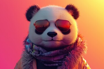 A trendy panda bear strikes a pose with sunglasses and scarf against a colorful backdrop.