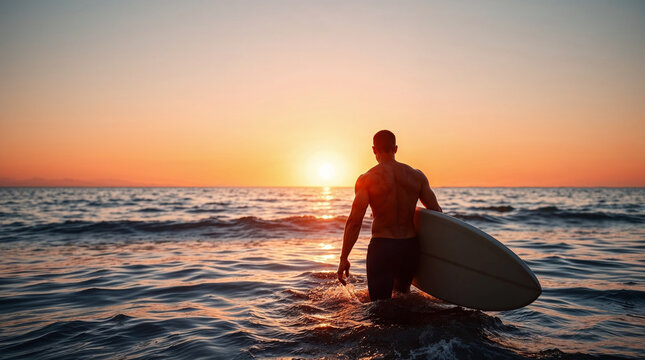 Back view, surfing and sunset with a sports man in the ocean during summer for hobby, leisure or recreation