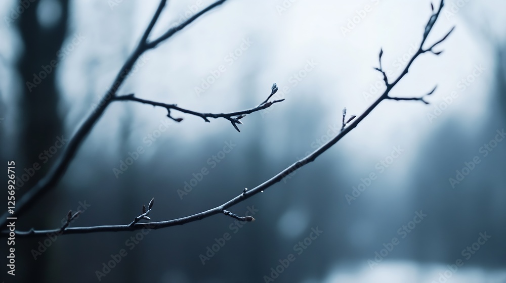 Poster Delicate branches with raindrops set against a blurred background capturing a moody atmosphere in nature : Generative AI