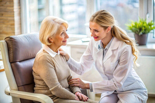 2 blonde women: an elderly well-groomed patient with red manicure and a young doctor conducting an medical examination and conversation; blur and bokeh effect in the background.