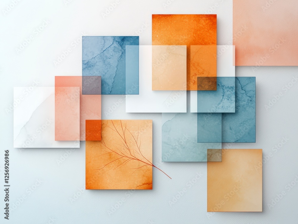 Poster abstract composition of colorful squares with a leaf on a textured background emphasizing modern aes