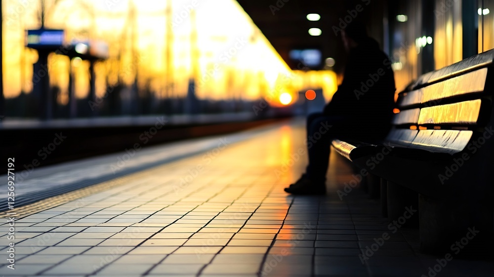 Poster silhouetted person sitting alone on a train platform during sunset casting long shadows highlighting