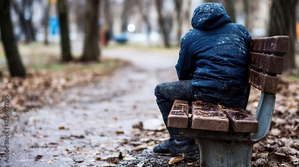 Poster lonely figure sitting on a park bench surrounded by fallen leaves in a cold winter setting evoking a