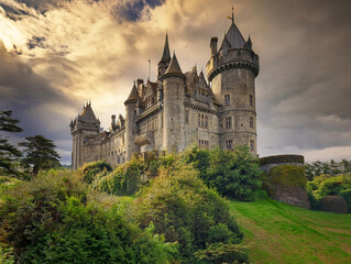 photo shows a magnificent ancient castle in the middle of the forest