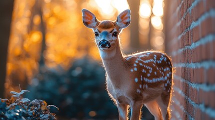 Young deer stands beside a brick wall, surrounded by autumn foliage and soft sunlight