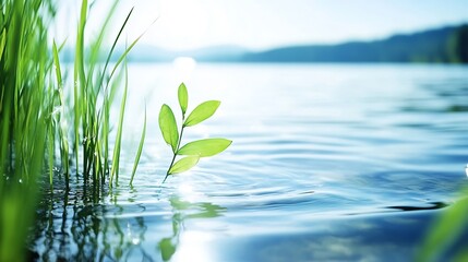 Delicate Green Plant Emerging from Water Surface in Tranquil Natural Setting : Generative AI