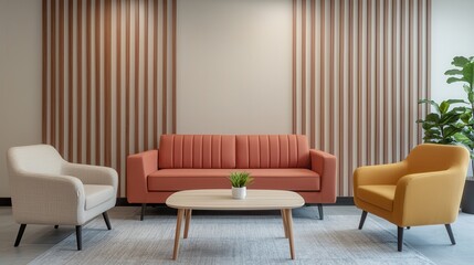 Fototapeta premium A modern living room setup featuring a coral sofa, two stylish armchairs, a coffee table, and decorative elements against a sleek backdrop.