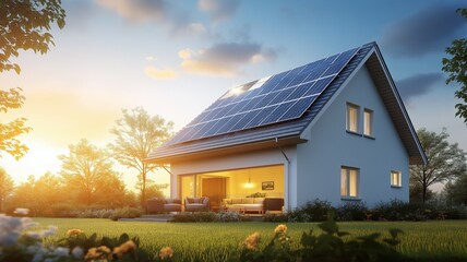 A modern house with solar panels on roof, surrounded by greenery and illuminated by sunset. scene conveys sense of sustainability and tranquility