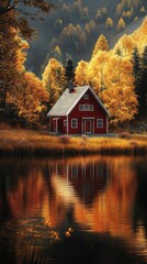 Fototapeta premium Red Cabin by the Lake in Autumn