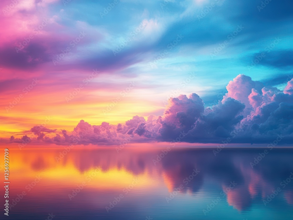 Poster Stunning sunset view over tranquil ocean with colorful clouds and gentle waves in the foreground