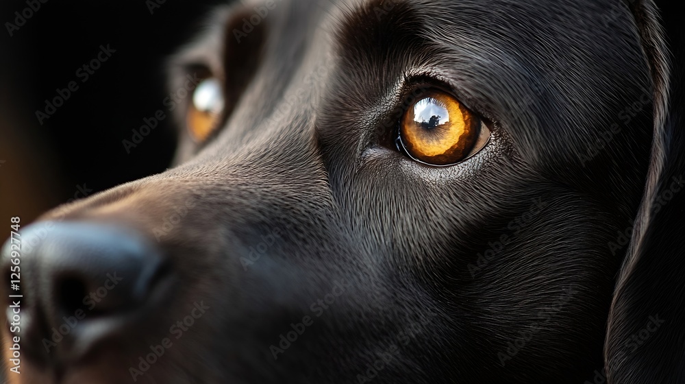 Poster close up of a curious dog showing warm brown eyes and shiny coat against a soft blurred background :
