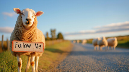 sheep holding sign that says Follow Me stands on gravel road, surrounded by scenic landscape. warm sunlight creates peaceful atmosphere, inviting viewers to join journey