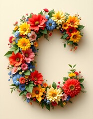 Fototapeta premium letter, C, floral, flowers, vibrant, colorful, artistic, elegant, design, organic, natural, red, yellow, pink, blue, white, blooms, green, leaves, accents, beige, background, soft, texture, warm, 