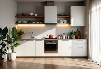Fototapeta premium Cozy Minimalistic Kitchen: Ultrarealistic 4K Photo of Modern Interior with Simple White Cabinets, House Plants, Open Fridge, Warm Light Tones, Wide Angle View