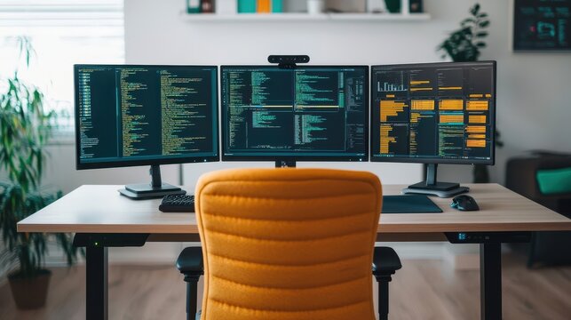 A modern workspace featuring three monitors displaying code, an ergonomic chair, and a stylish, organized environment.