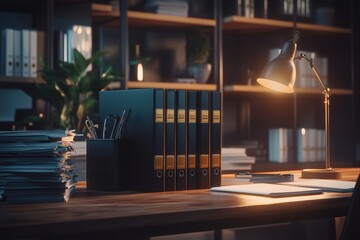 Modern Office Workspace with Organized Files and Warm Light