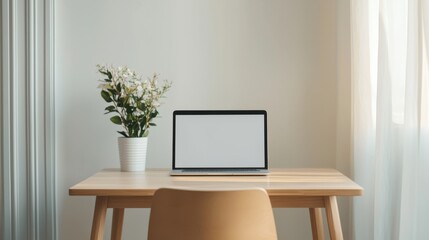 Fototapeta premium A minimalist workspace featuring a laptop, a potted plant, and a wooden table, illuminated by natural light from a nearby window.