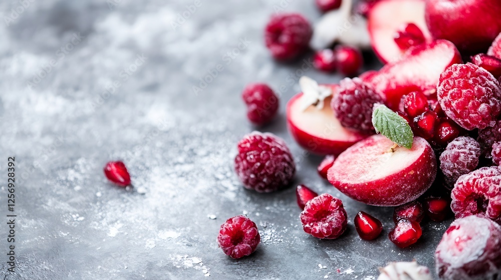 Poster Vibrant red raspberries and apples scattered on a rustic surface with powdery texture : Generative AI