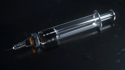 Syringe filled with medicine on dark surface