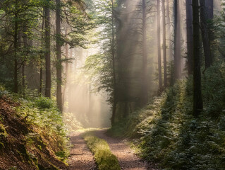 Fototapeta premium path in the forest, view of a path between large trees in the middle of the forest