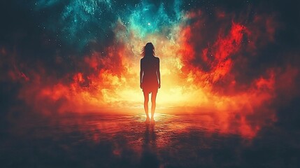 Fototapeta premium Woman silhouetted, fiery cosmic background, surreal landscape, fantasy art