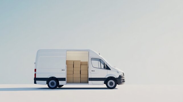Delivery van loaded with boxes, outdoor, bright sky, shipping logistics