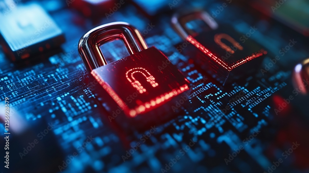 Leinwandbilder Closeup of digital locks on a futuristic circuit board symbolizing data security and technology : Generative AI