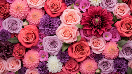 Beautiful floral background featuring variety of pink, purple, and red flowers, including roses, dahlias, and chrysanthemums, creating vibrant and colorful display