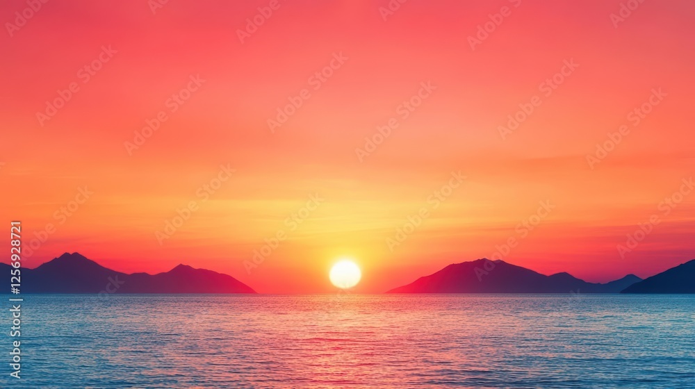Poster sunset over ocean with mountains in the background and colorful sky reflecting on the water