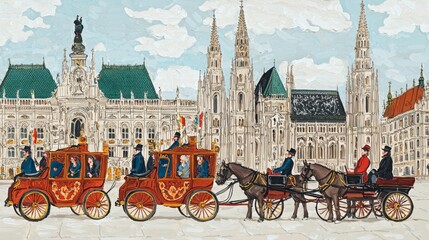 Obraz premium Vintage Horse-Drawn Carriages in Front of Historic European Architecture