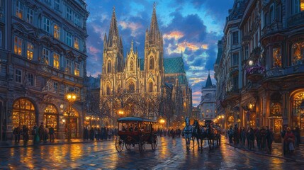 Obraz premium Evening Scene of Prague with Horse Carriage and Gothic Cathedral Illuminated by Street Lamps