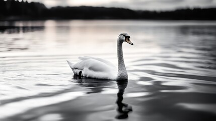 Graceful white swan gliding across a calm lake surface reflecting the serene surroundings : Generative AI