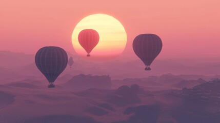 Naklejka premium Majestic Hot Air Balloons Soaring Across a Vibrant Sunset Sky Over a Serene Landscape