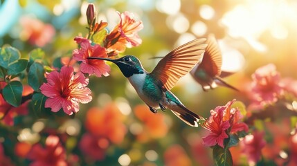 Vibrant hummingbirds feeding on colorful hibiscus flowers in a sunlit garden setting
