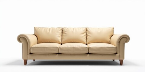 Fototapeta premium Cream-colored Leather Sofa with Rolled Arms and Three Cushions, Ideal for a Modern Living Room or Elegant Waiting Area