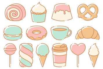 vector illustration set of ice cream, sweets and drinks