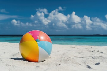 Beach Ball Fun on Tropical Shores: Summer Vacation Idyll under Blue Skies with Fluffy Clouds.