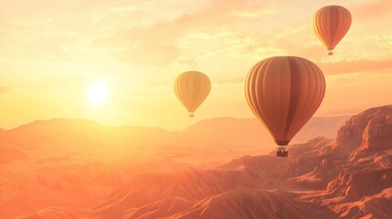 Fototapeta premium Scenic sunset view with colorful hot air balloons soaring above majestic mountains and valleys in warm light