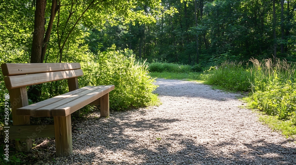 Poster inviting wooden bench along a peaceful gravel path surrounded by lush greenery in a forest : generat